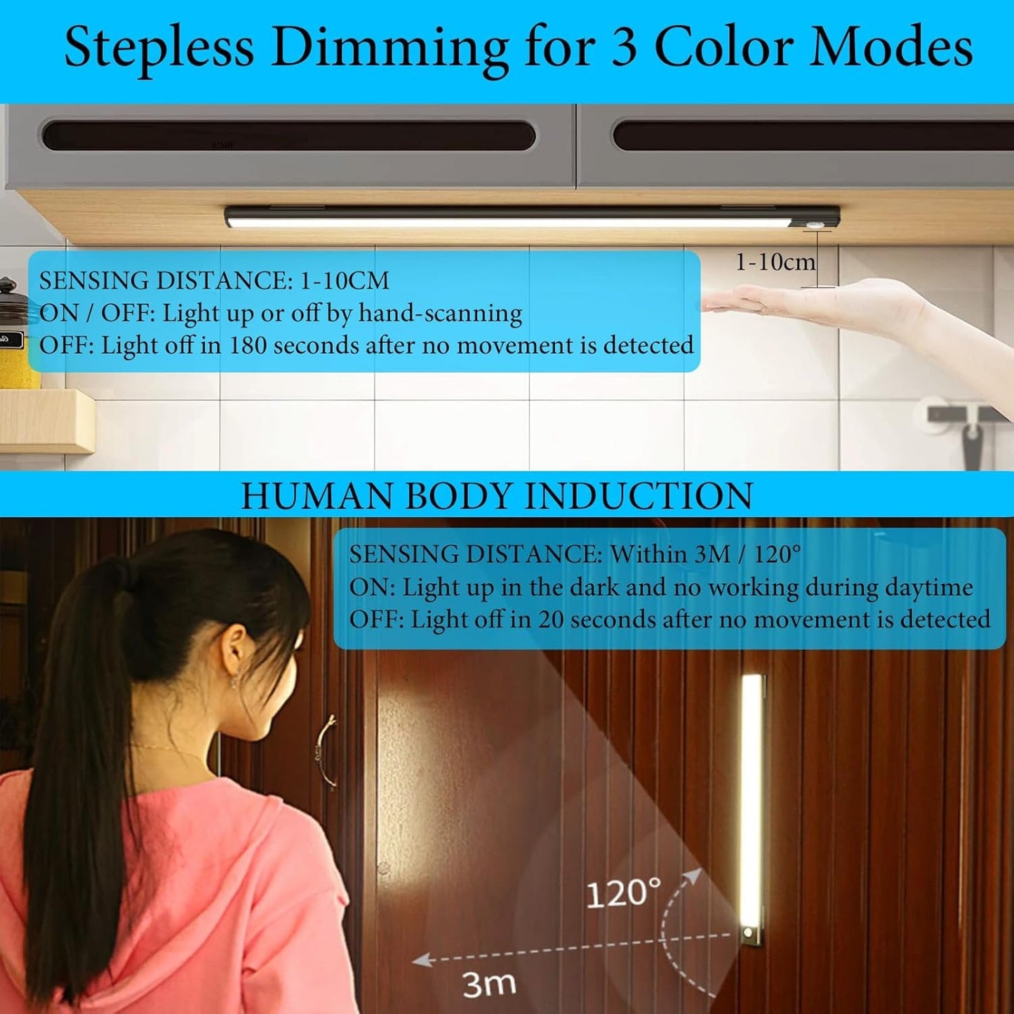 Closet Light, Coolqiya Led Under Cabinet Lighting, Rechargeable Motion Sensor Closet Light Under Cabinet Magnet Wireless Stick-Anywhere Night Light Bar for Wardrobe, Stairs, Kitchen (30cm Black 1pc)