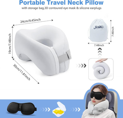 jiaao 2 in 1 Neck Pillow Airplane, Ergonomic Memory Foam Travel Neck Pillow, Travel Essentials with 3D Eye Masks, Earplugs, and Portable Drawstring Bag, U Shape Neck Support for Traveling, Car, Home