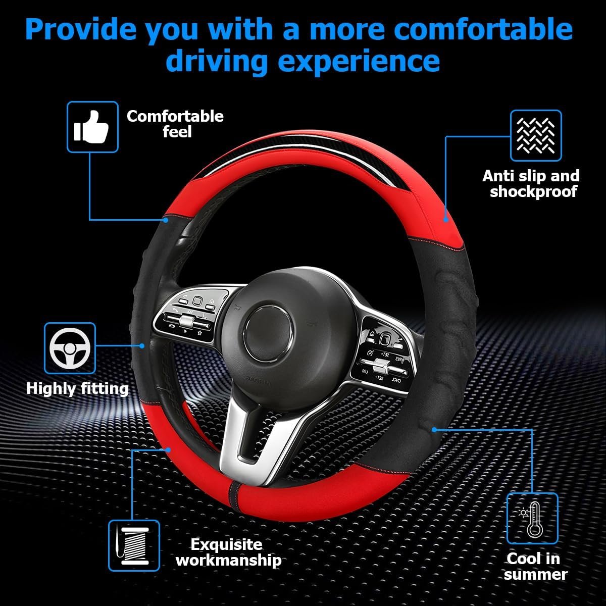 XINLIYA Car Steering Wheel Cover, Automotive Interior Accessories for Women Men, Non-Slip Vehicle Steering Wheel Protector, 15 Inch Universal for SUV, Truck, RV, Van and More（Black/Red）