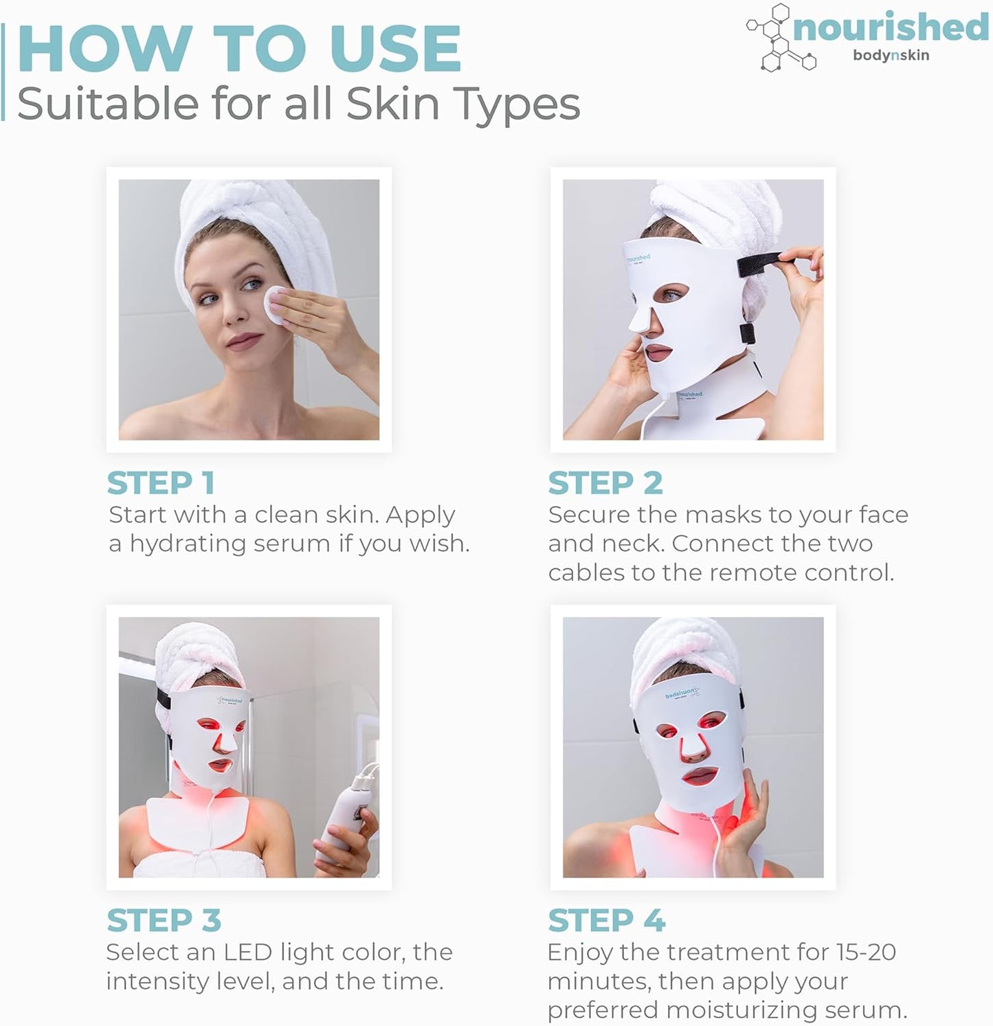 Nourished Bodynskin LED Light Therapy Mask for Face & Neck - Facial Skin Care Device - 7 Colours Red & Blue - Rejuvenation, Anti-Aging Product for Wrinkles