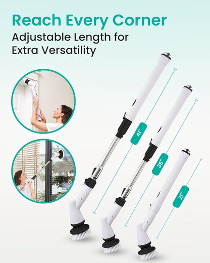 Electric Spin Scrubber Cordless - Bathroom Scrubber with 11 Replaceable Heads - Long Handle Electric Cleaning Brush