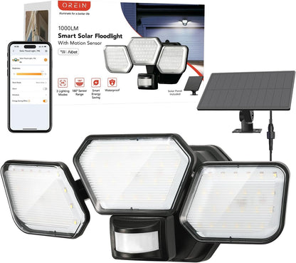 OREiN Smart Solar Outdoor Lights 330° Adjustable Solar Flood Lights with 180° Motion Sensor Outdoor Lights 3 Modes APP Control IP65 Waterproof for Porch, Garage, Yard
