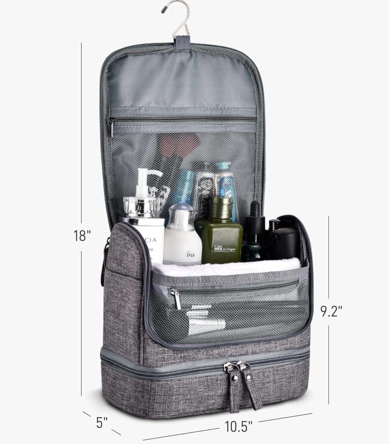 Hanging Toiletry Bag for Women, Large Travel Make up Bag with Metal Hook & Dry/Wet Separation, Waterproof Cosmetic Organizer for Travel Accessories, Cruise Essentials, Gym, Camping (Grey)