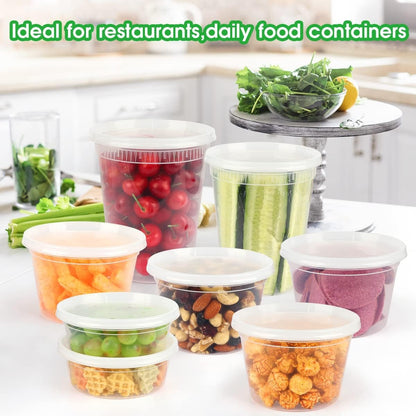[60 Pack,3 Sizes] Food Storage Containers with Lids, 50 Pack 8oz, 16oz, 32oz Airtight Deli Food Container w 10 Spoons, BPA-Free Leakproof Takeout Meal Prep Dishwasher Safe (60 Pack,3 Mixed Size)