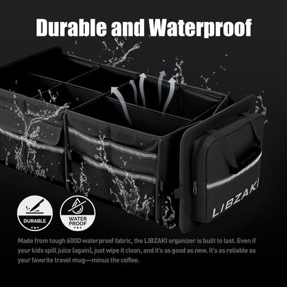 LIBZAKI Oversize 4 in 1 Car Trunk Storage Organizer, Multi Compartment Collapsible Trunk Storage Box with Cooler Bag for Car Truck SUV-Black