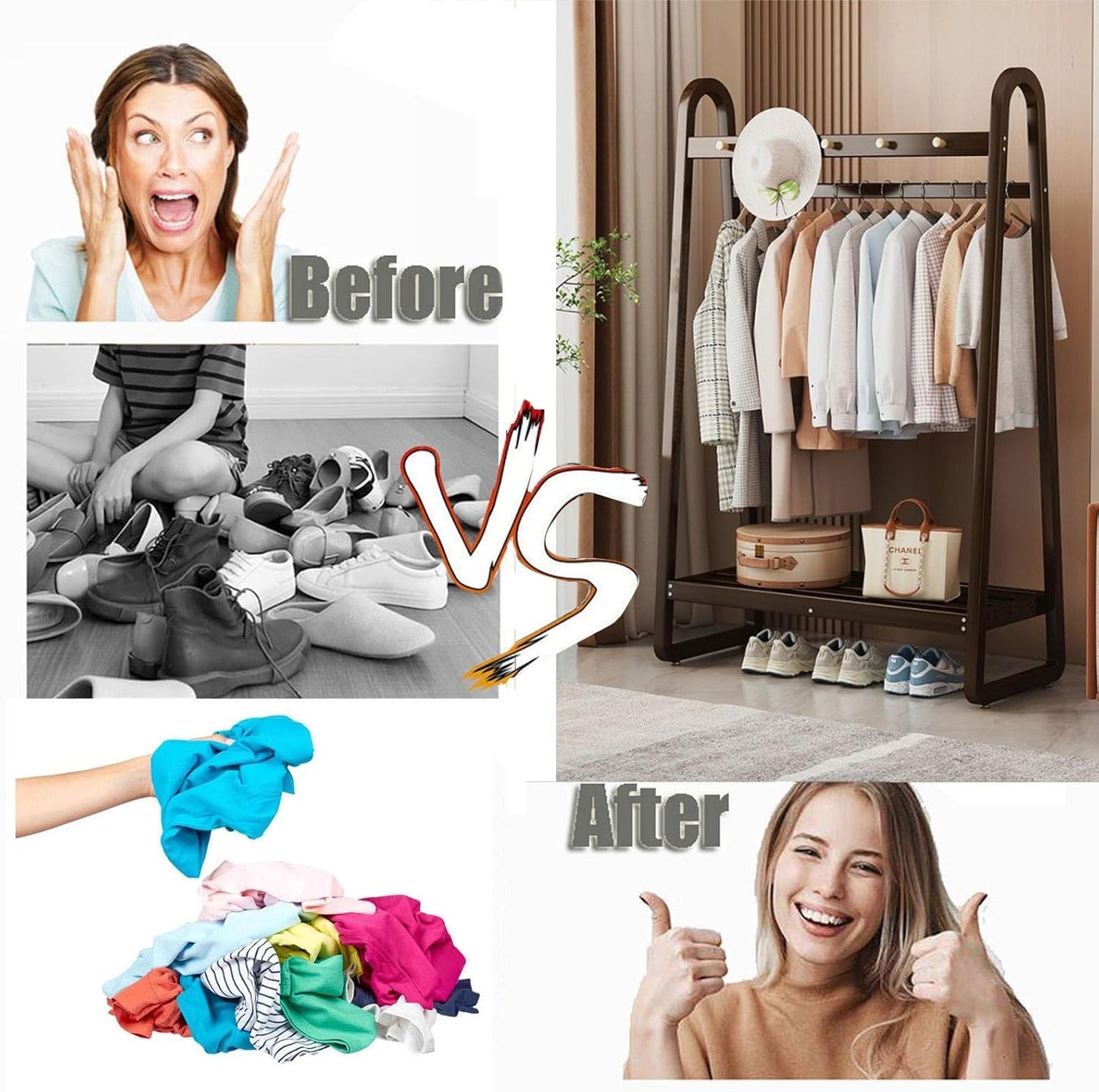 Generico Appendiabiti Multifunzionale in bambù con Ruote, 3-5 Ganci e ripiano portascarpe Mobile – Elegante Porta Abiti per Camera da Letto e Soggiorno, Design Color Legno da 80 cm