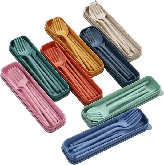 8 Colors Portable Utensils Sets with Case, Wheat Straw Cutlery Set, Reusable Travel Flatware Set，Spoon Fork Knife Chopsticks Tableware Set for Kids Adults Outdoor Office
