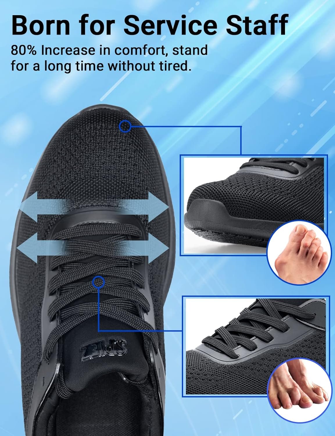 SPIEZ Mens Non Slip Shoes, SRC Slip-Resistant Certified Food Service Shoes, Lightweight Breathable Slip On Work Sneakers Black US7.5-12