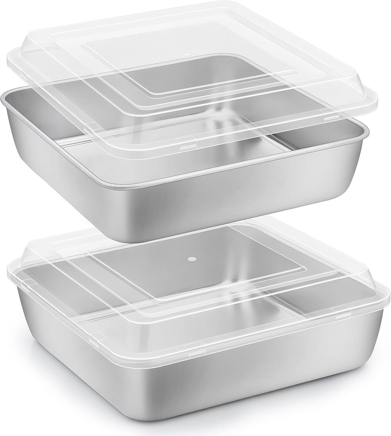 Herogo 8”x 8” Square Cake Pan, Stainless Steel Square Baking Pan with Lid, Cakes Brownie Lasagna Bakeware Set of 2, Healthy & Dishwasher Safe