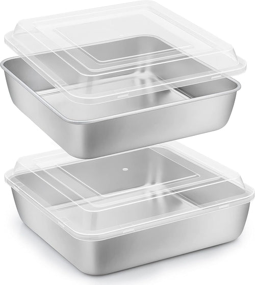 Herogo 8”x 8” Square Cake Pan, Stainless Steel Square Baking Pan with Lid, Cakes Brownie Lasagna Bakeware Set of 2, Healthy & Dishwasher Safe