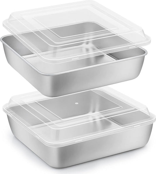 Herogo 8”x 8” Square Cake Pan, Stainless Steel Square Baking Pan with Lid, Cakes Brownie Lasagna Bakeware Set of 2, Healthy & Dishwasher Safe