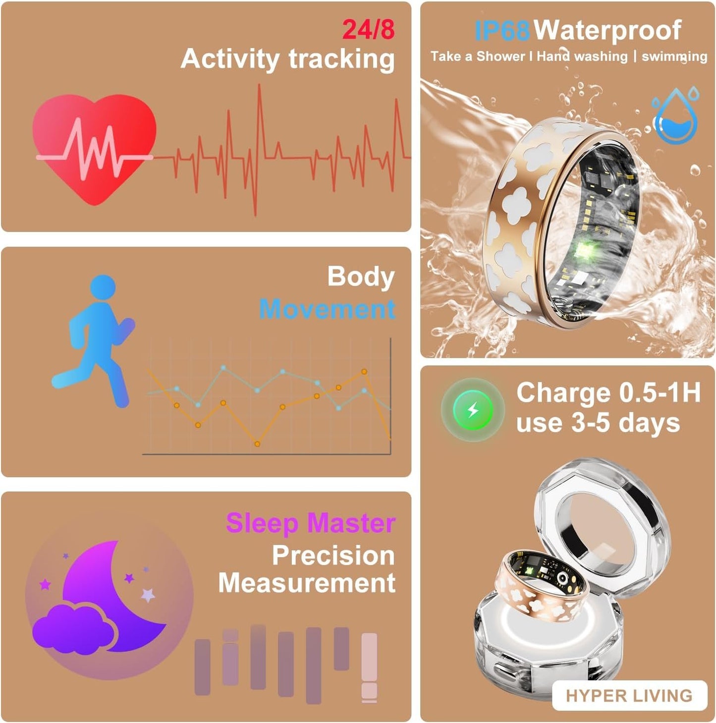 Smart Ring Sports Ring Sleep Tracker Fitness Tracker Ring Charging Box Android/iPhone Compatible Smart Ring IP68 Waterproof (8#)
