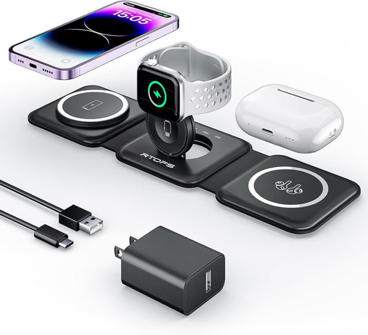 RTOPS 3 in 1 Wireless Charger for iPhone,W312 Fodable Charging Stations for Multiple Apple Devices, Fast Travel Charging Stand for iWatch, Airpod and iPhone 15 14 13 12 (Adapter Included)