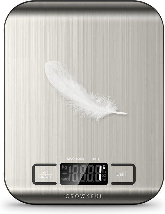 CROWNFUL Food Scale, 11lb Digital Kitchen Scales with Built-in Coin Battery, Weight Ounces and Grams for Cooking and Baking, 6 Units with Tare Function