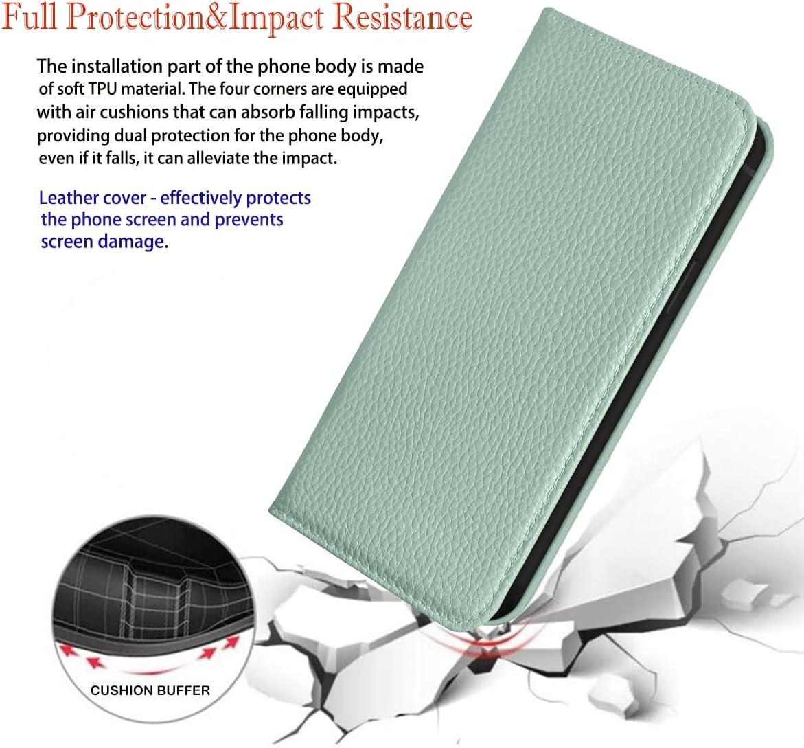 NanHou iPhone 16 Case Leather Case RFID Blocking Folio Wallet Case Magnetic Closure Kickstand Wrist Strap Card Holder Shockproof Flip Cover - Light Green