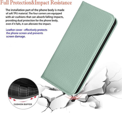 NanHou iPhone 16 Case Leather Case RFID Blocking Folio Wallet Case Magnetic Closure Kickstand Wrist Strap Card Holder Shockproof Flip Cover - Light Green