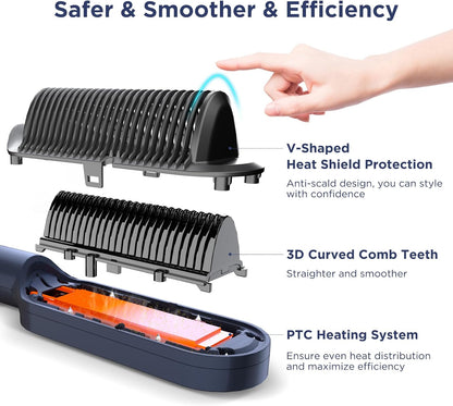 Prizm Hair Straightener Brush, 20s Fast Heating, Negative Ions Hair Straightening Brush with Less Frizz, 4 Temp Settings & LED Display, Anti-Scald Design, Gift for Women, Dual Voltage, Prussian Blue