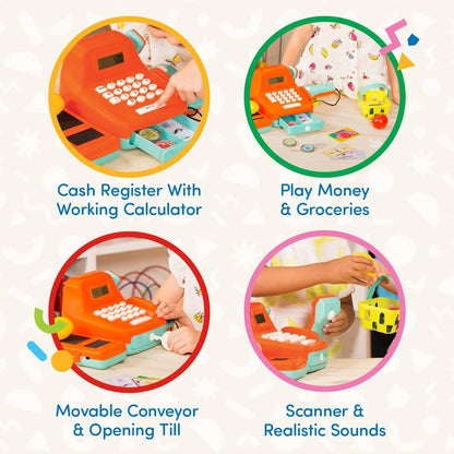 Battat Cash Register Toy Playset – Pretend Play Kids Calculator Cash Register with Accessories for 3+ (26-Pieces) (BT2666Z)
