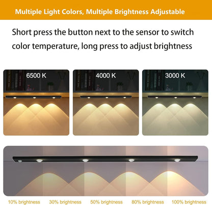 Under Cabinet Lighting, 3 Colors Dimmable Wireless Motion Sensor Closet Lights, Magnetic LED Motion Sensor Light Bar, Rechargeable Under-Counter Light for Kitchen Closet (Black-Acrylic)