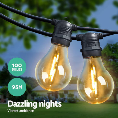 Jingle Jollys Festoon Lights Outdoor 95M Warm White Fairy String Light with 100 LED Bulbs, Christmas Decoration Garden Party Wedding Yard Decorations Lighting Strip Bulb, IP44 Waterproof
