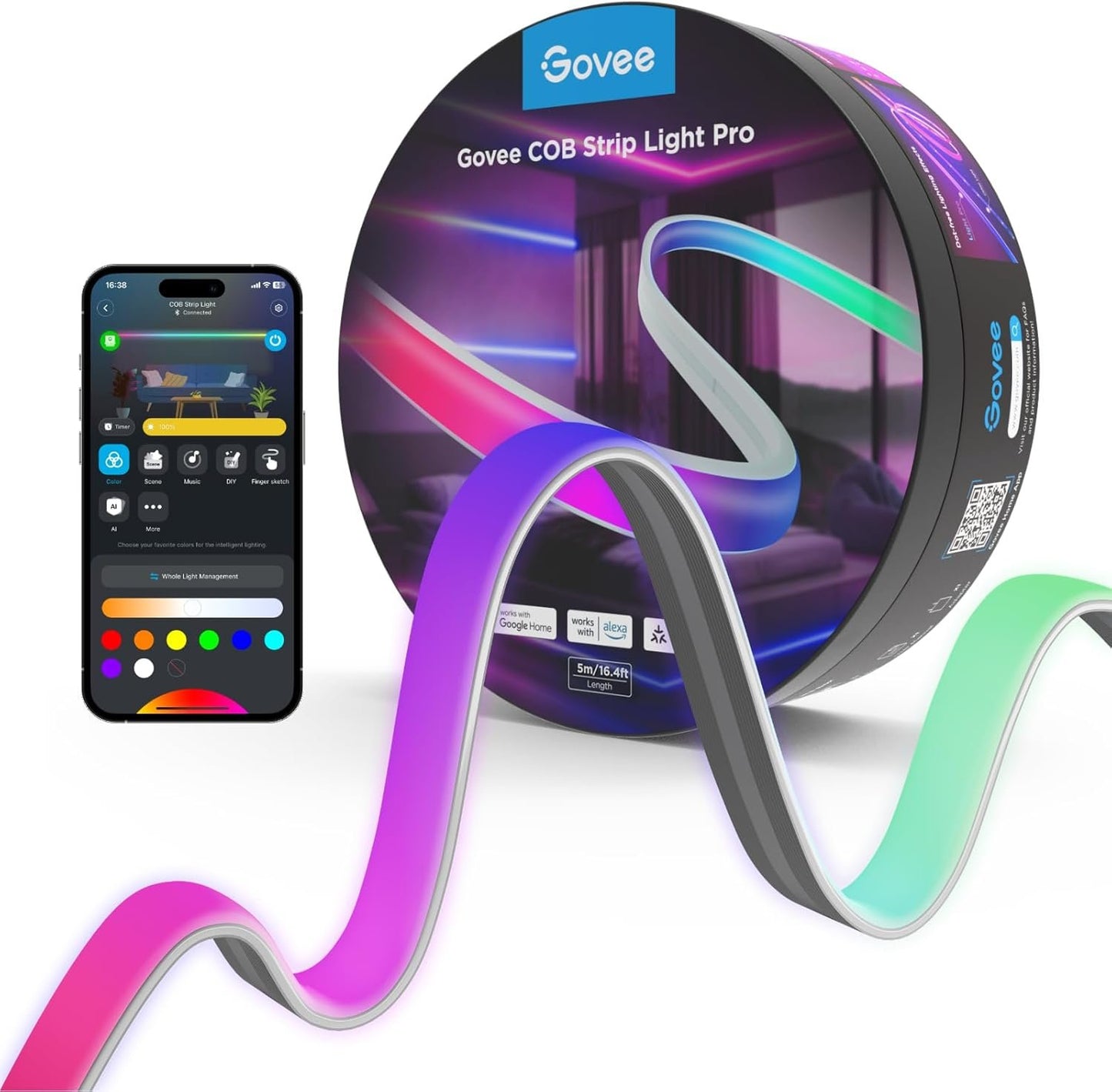 Govee COB LED Strip Light Pro, Smart Strip Light Compatible with Alexa, Google Assistant and Matter, RGBICW Light with Warm White, Color Changing Light Strip, LED Lights for Bedroom, Cabinet,16.4ft