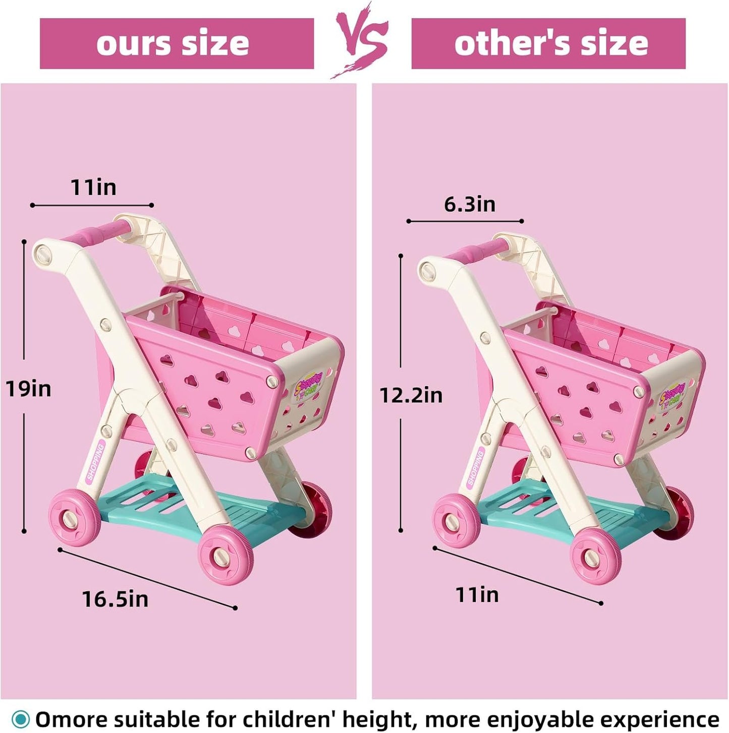 Jovow 98pcs Kids Shopping Cart Trolley Play Set with Pretend Food and Accessories,Perfect Pretend Play and Role-Playing Games ,Play Kitchen,Toy Kitchen,for 3 4 5 6 Year Old Girl Gifts (Rose Red)