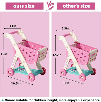 Jovow 98pcs Kids Shopping Cart Trolley Play Set with Pretend Food and Accessories,Perfect Pretend Play and Role-Playing Games ,Play Kitchen,Toy Kitchen,for 3 4 5 6 Year Old Girl Gifts (Rose Red)