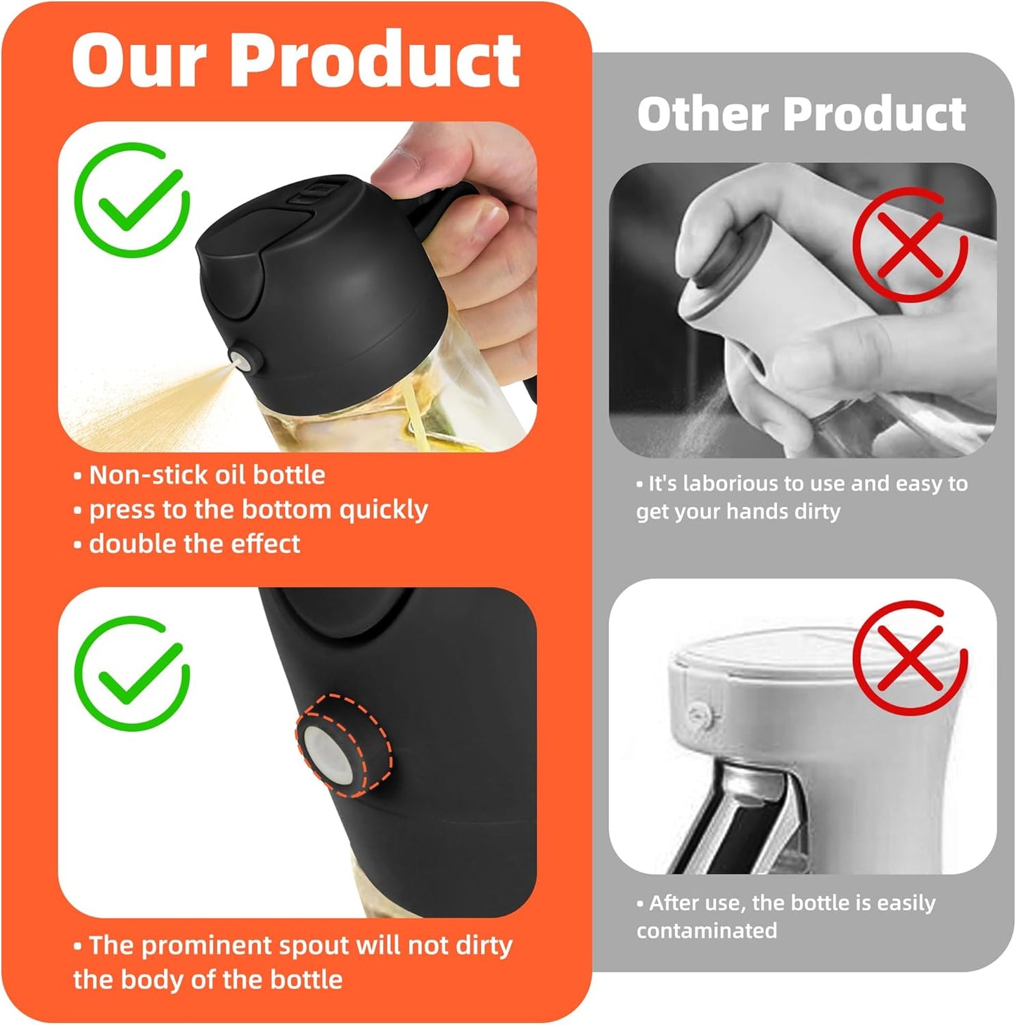 TrendPlain 16oz/470ml Olive Oil Dispenser - 2 in 1 Olive Oil Spray Bottle for Cooking, Kitchen Tools, Air Fryer, Salad, and BBQ - Black