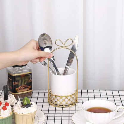 JUXYES Ceramic Silverware Holder For Tabletop, White Cutlery Holder With Golden Metal Bracket, Decorative Flatware Holder Countertop Utensil Holder Organizer for Wedding Kitchen Dining Tables