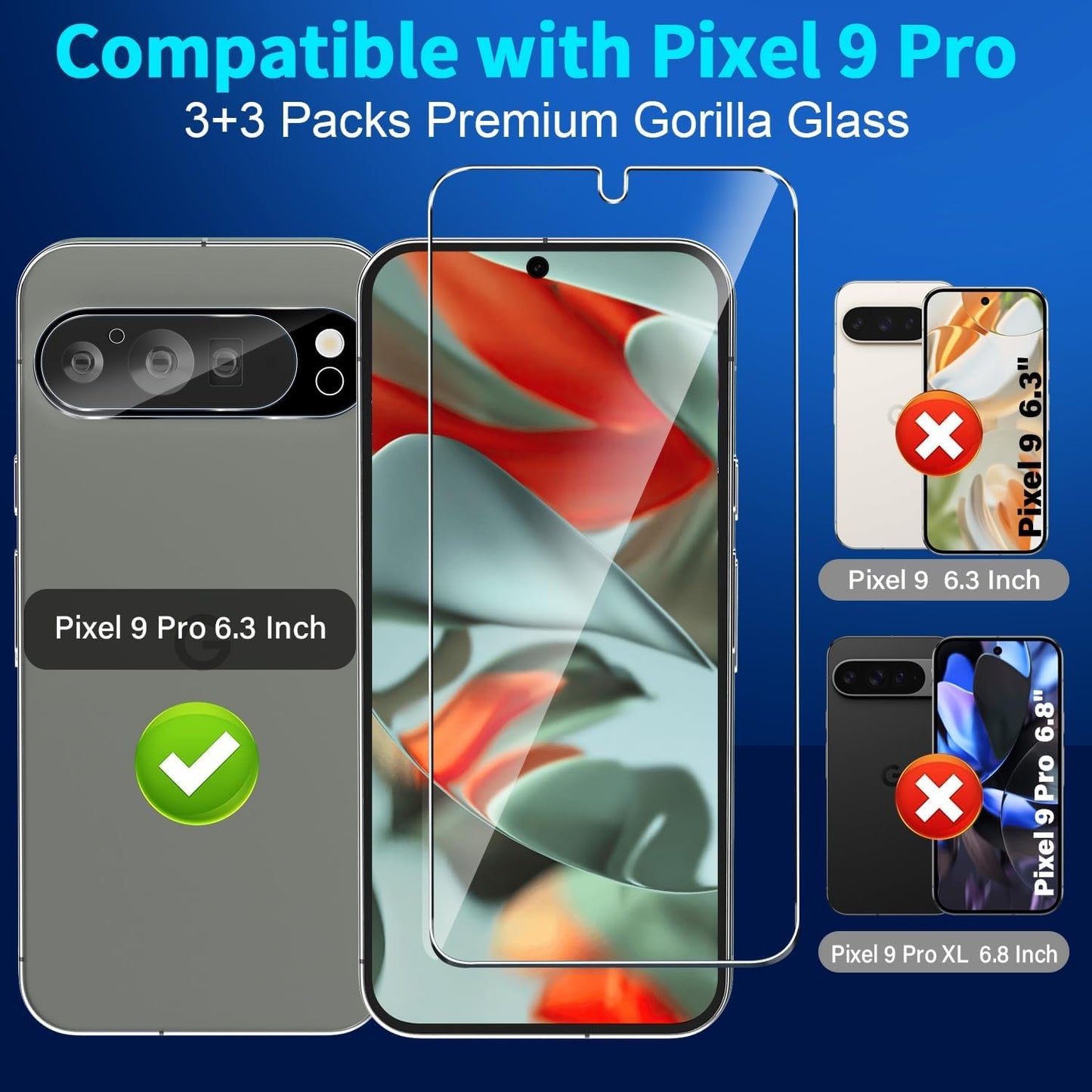 [3+3 Pack] Glass Screen Protector for Google Pixel 9 Pro 5G 6.3 Inch, 9H Tempered Glass, Ultrasonic Fingerprint Unlock,HD Clear Case Friendly for Google Pixel 9 Pro Tempered Glass Screen Protector
