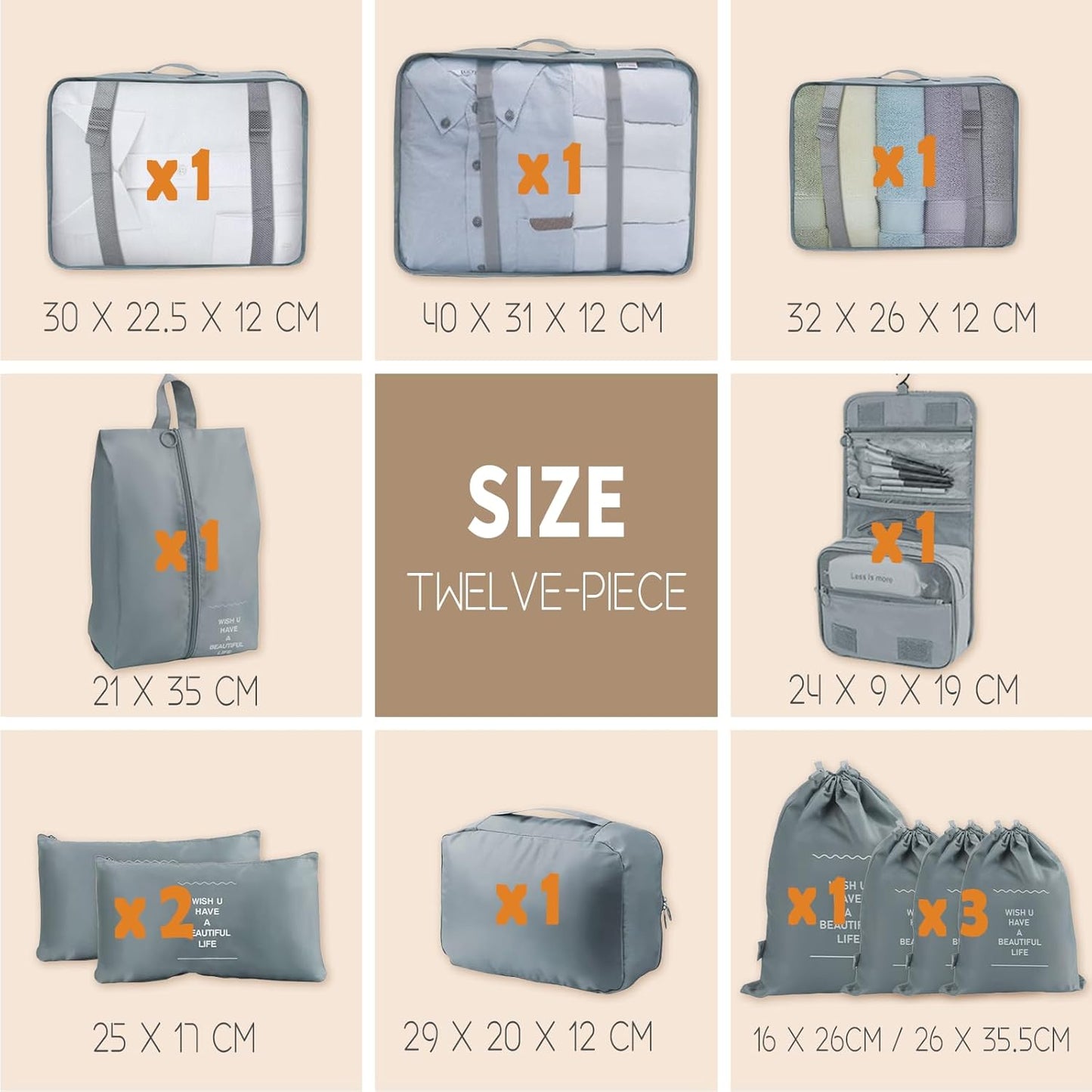 Kinyoda Suitcase Organizer, 12 Pieces Organizer Suitcase Set, Packing Cubes, Clothing Underwear Footwear Organizers Sacks Storage Suitcase Set, Organizer for Travel Holidays, (Grey)