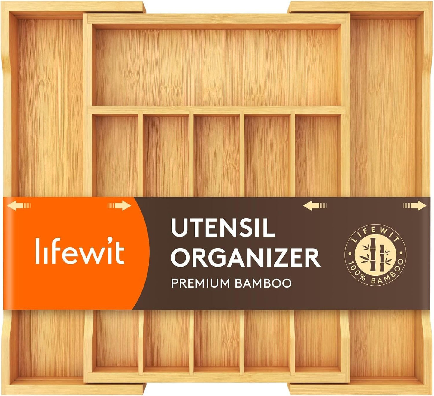 Lifewit Large Cutlery Drawer Organizer, Expandable 13" to 22.5" Utensil Holder for Kitchen, Bamboo Flatware and Silverware Tray, Wood Adjustable Storage for Spoons Forks Knives, Natural