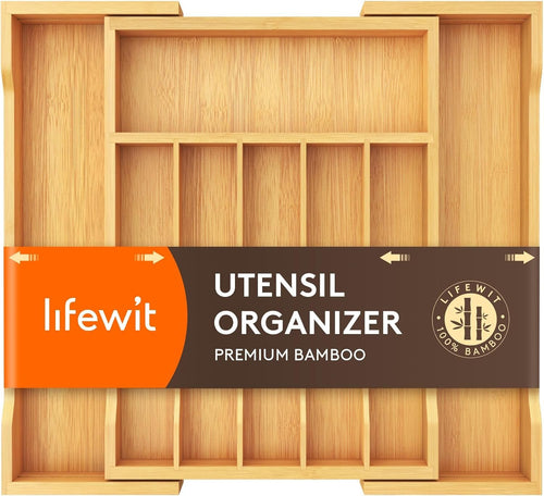 Lifewit Large Cutlery Drawer Organizer, Expandable 13" to 22.5" Utensil Holder for Kitchen, Bamboo Flatware and Silverware Tray, Wood Adjustable Storage for Spoons Forks Knives, Natural