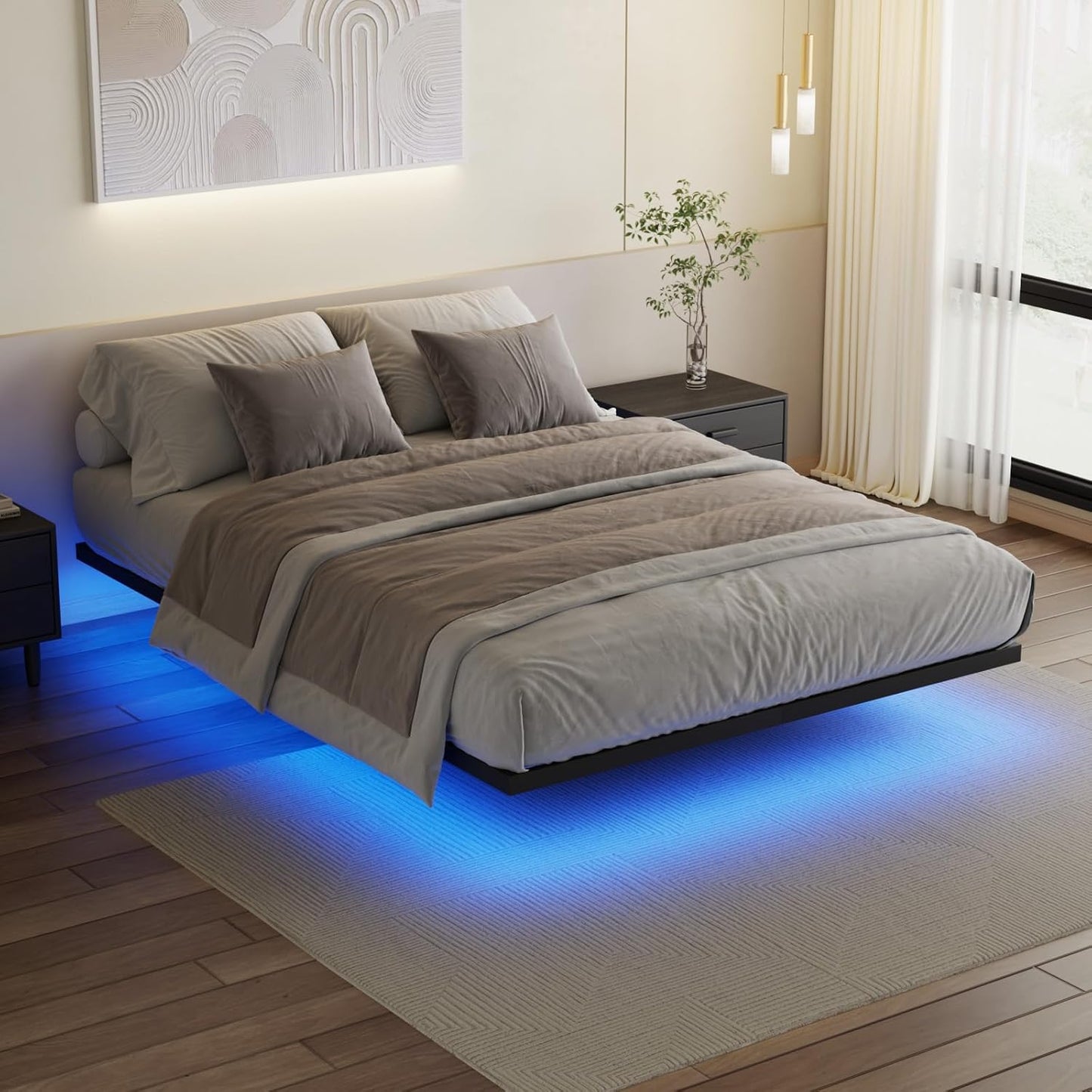 Ufurniture Floating Bed Frame Queen Size with LED Light, Metal Platform Queen Bed, No Box Spring Needed, Easy to Assemble