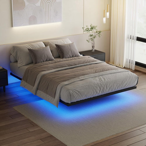 Ufurniture Floating Bed Frame Queen Size with LED Light, Metal Platform Queen Bed, No Box Spring Needed, Easy to Assemble