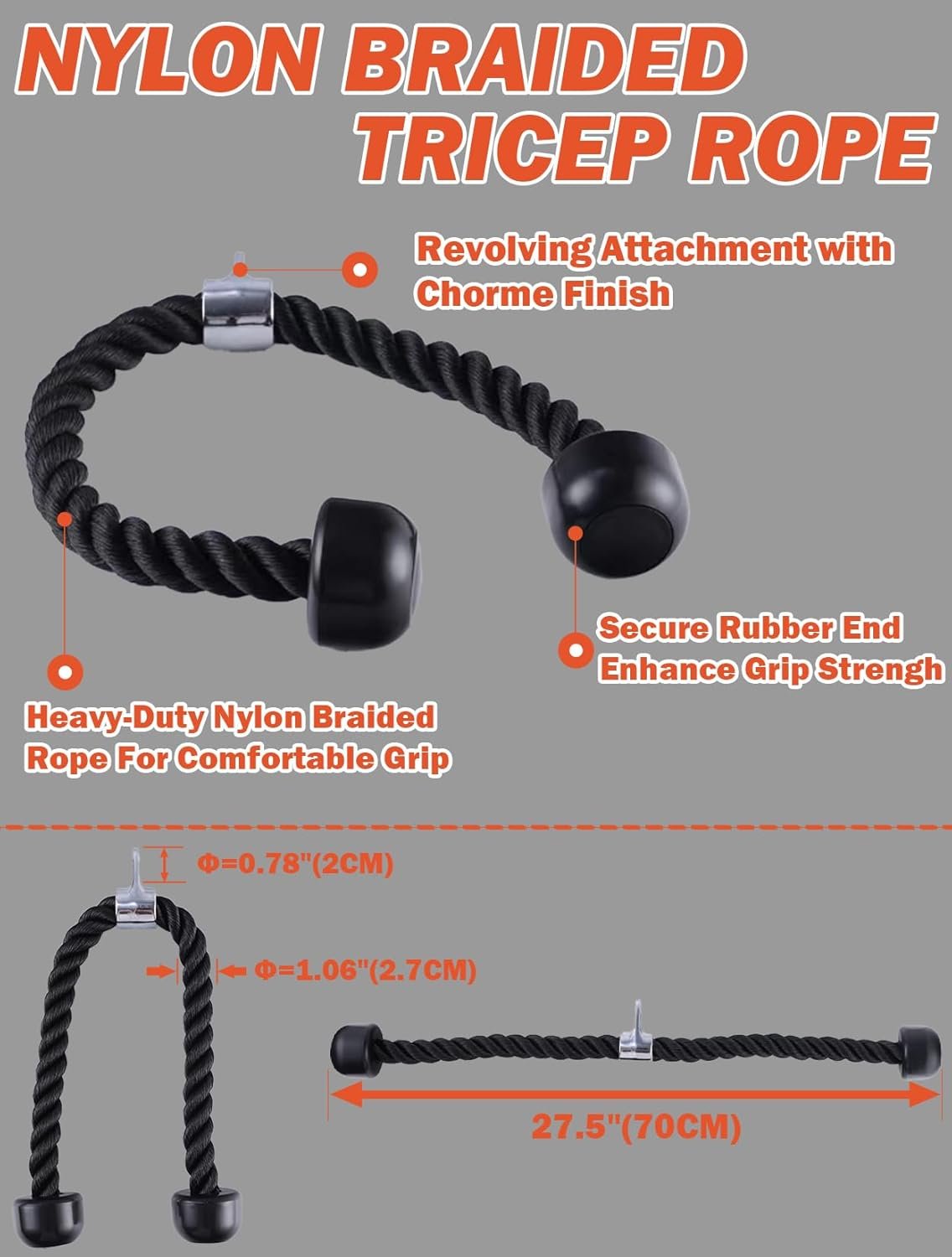 Fitarc Tricep Pulldown Rope Attachment for Home Gym, Black Nylon Braided Rope with Chrome Plated Attachment, Ideal for Lat Machine, Ab Machine, Cable Crossover or Pulley System