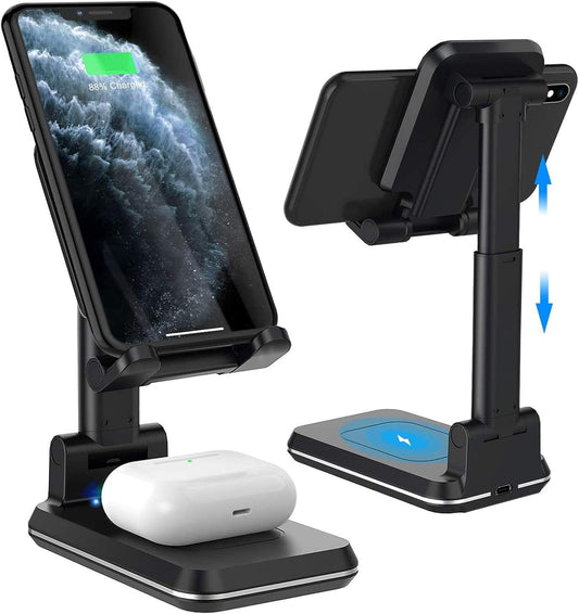 Wireless Charging Phone Stand, 2 in 1 Foldable Desktop Cell Phone Tablet Stand,10W Max Qi-Enabled Wireless Charging Multi-Angle Adjustable Metal Phone Holder Compatible for iPhone 13/12/11//Pro/XR/XS/8,AirPods.