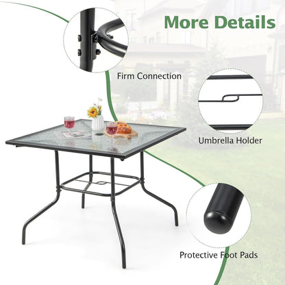 HAPPYGRILL Patio Square Dining Table 35" x 35", Outdoor Dining Table with Tempered Glass Tabletop & 1.5" Umbrella Hole, Metal Bistro Table for Garden Backyard and Porch