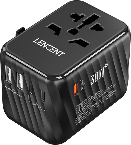 LENCENT Universal Travel Power Adapter, 30W International Charger with 3 USB-C 2 USB-A Fast Charging, Worldwide Plug Adaptor Travel Essentials for AU to US EU UK Ireland Type C/G/A/I Black