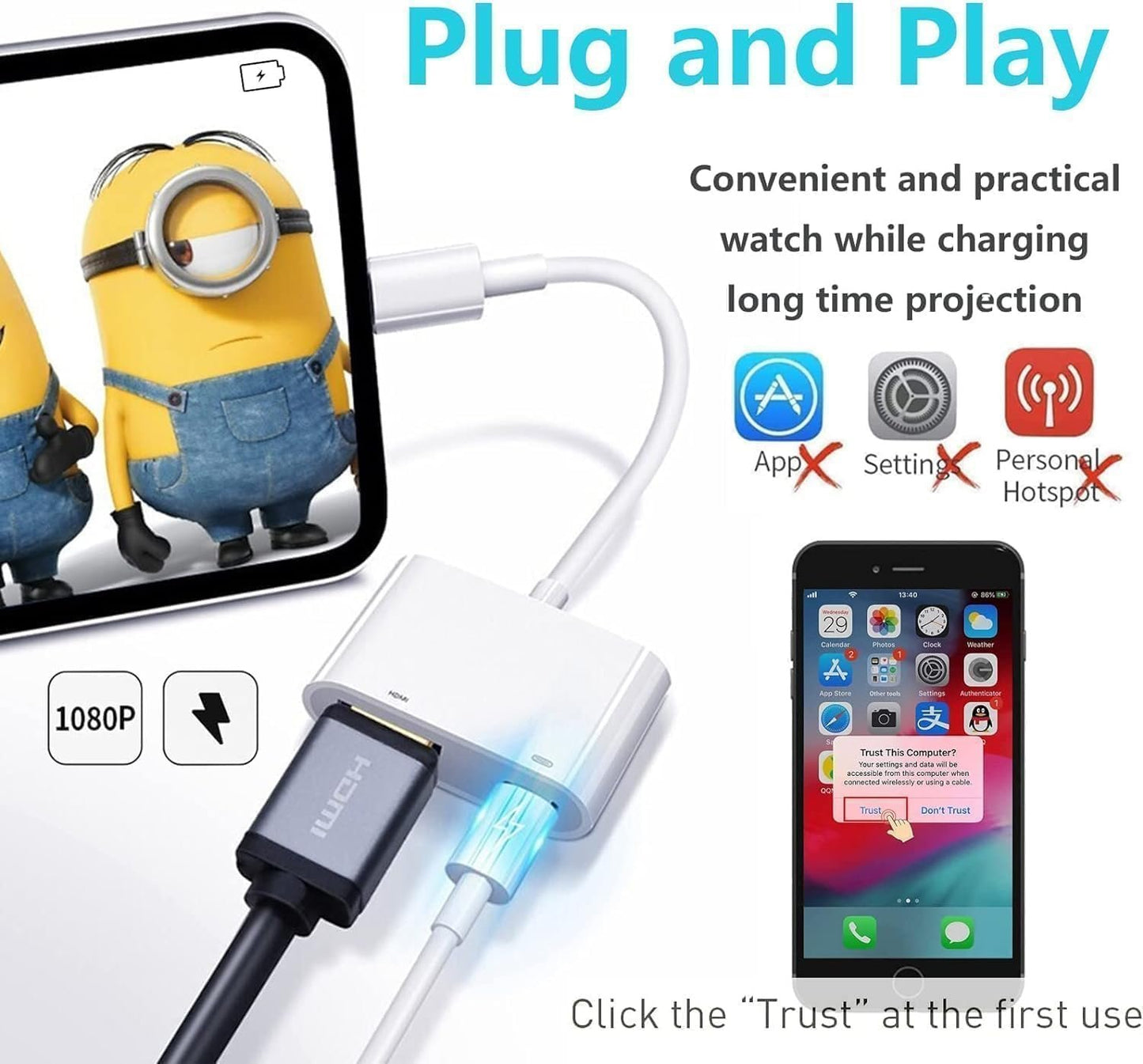 Aplimln [MFi Certified] HDMI Adapter for iPhone iPad, 1080P HDMI Cable Adapter Sync Screen Video & Audio Digital AV Converter with Charging Port on HDTV/Projector/Monitor (No Power Need)