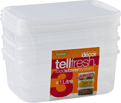 DÃ©cor 002457-006 Oblong Tell Fresh Food Storage Container, 1L, Pack of 3, Clear