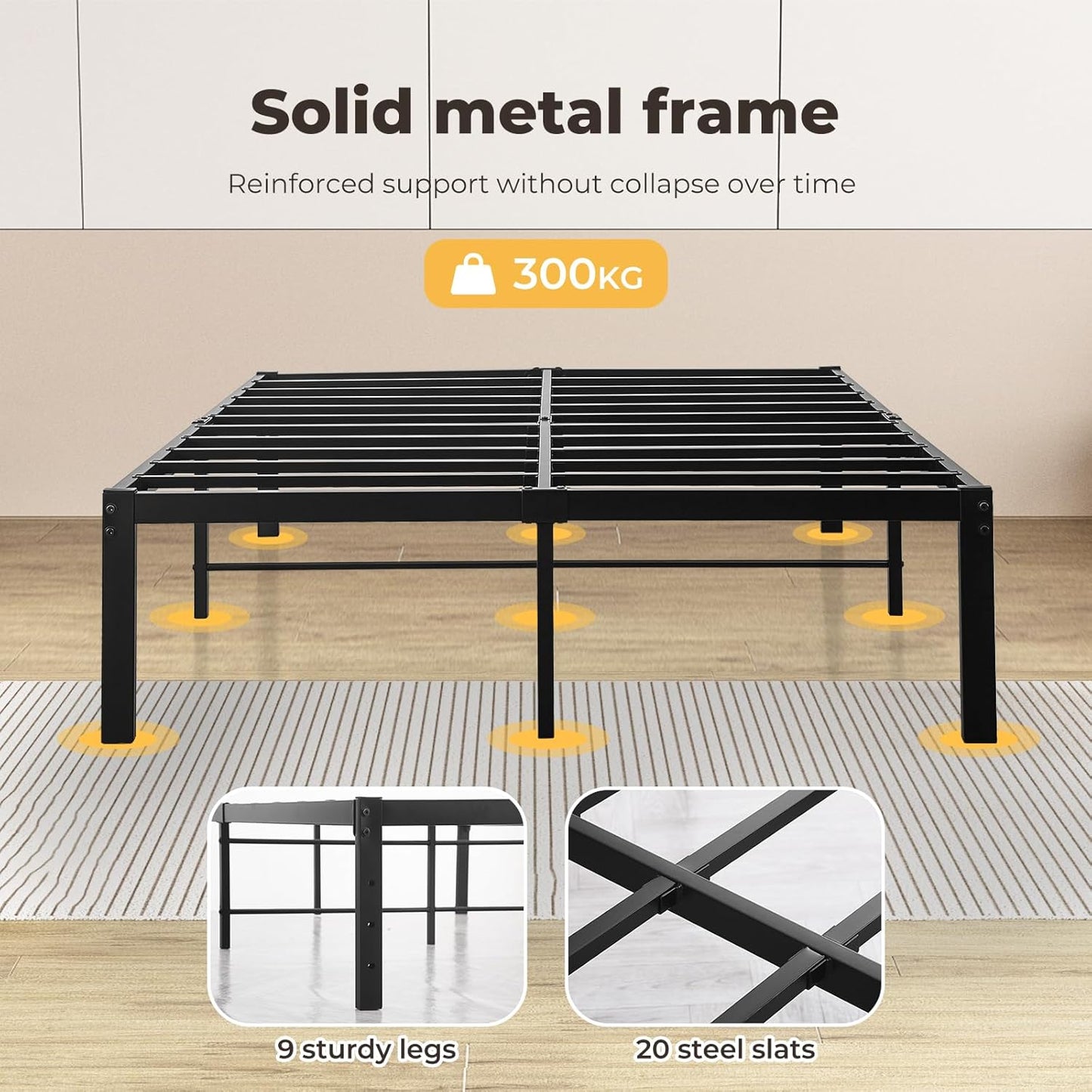 Levede 40cm Queen Bed Frame Metal Bed Base,Industrial Bed Frame,Steel Slat Mattress Support,Under Bed Storage,Reserved Holes for Headboard,Bedroom Furniture,Easy Assemble,Black
