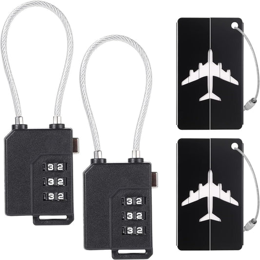 BLAZDEVE 2Pcs Luggage Locks, 3 Digits Security Travel Lock with 2 Luggage Tags, Padlock with Number Code for Travel Luggage Suitcase Bag Gym Locker (Black) (#1)