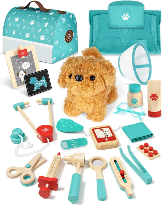 Lehoo Castle Wooden Doctor Kit for Kids, Vet Play Sets for Kids, Veterinarian Kit for Toddlers, Kids Doctors Play Set with Dog Bag, Medical Kits Doctor Toys Gift for Kids Boys Girls Aged 3 4 5 6 7