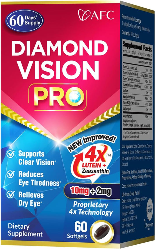 AFC Japan Diamond Vision PRO – Improved, Up-Sized Formula - Lutein & Zeaxanthin 4X with Eye Vitamins – Visual Health Supplement for Adults, Screen Exposure, Night Use, 60 Softgels