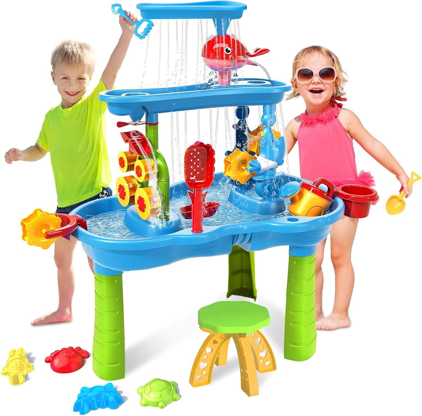 Water Table for Toddlers 3-5 | 3-Tier Kids Water Table Toys, Rain Showers Splash Pond for Outdoor Beach Backyard Summer, Outdoors Play Sensory Play Table Pond for Boys Girls 3-5 4-8