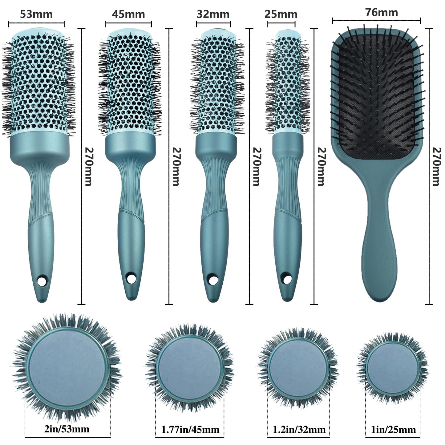 Aozzy 5pcs Round Thermal Barrel Brush Set - Professional Heat Styling, Curling, and Blow Drying for Shiny Hair in 5 Different Sizes