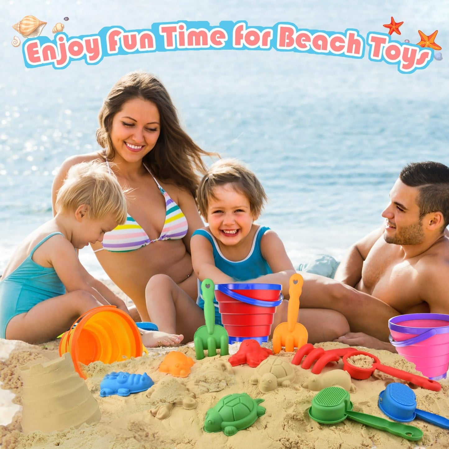 Sand Beach Toys for Kids, 3PCS Collapsible Sand Bucket, Shovel Set, Animal Molds with Big Mesh Bag, Travel Toys forToddlers Boys Girls Outdoor Beach Play Camping Bath Pool Water Play-14PCS