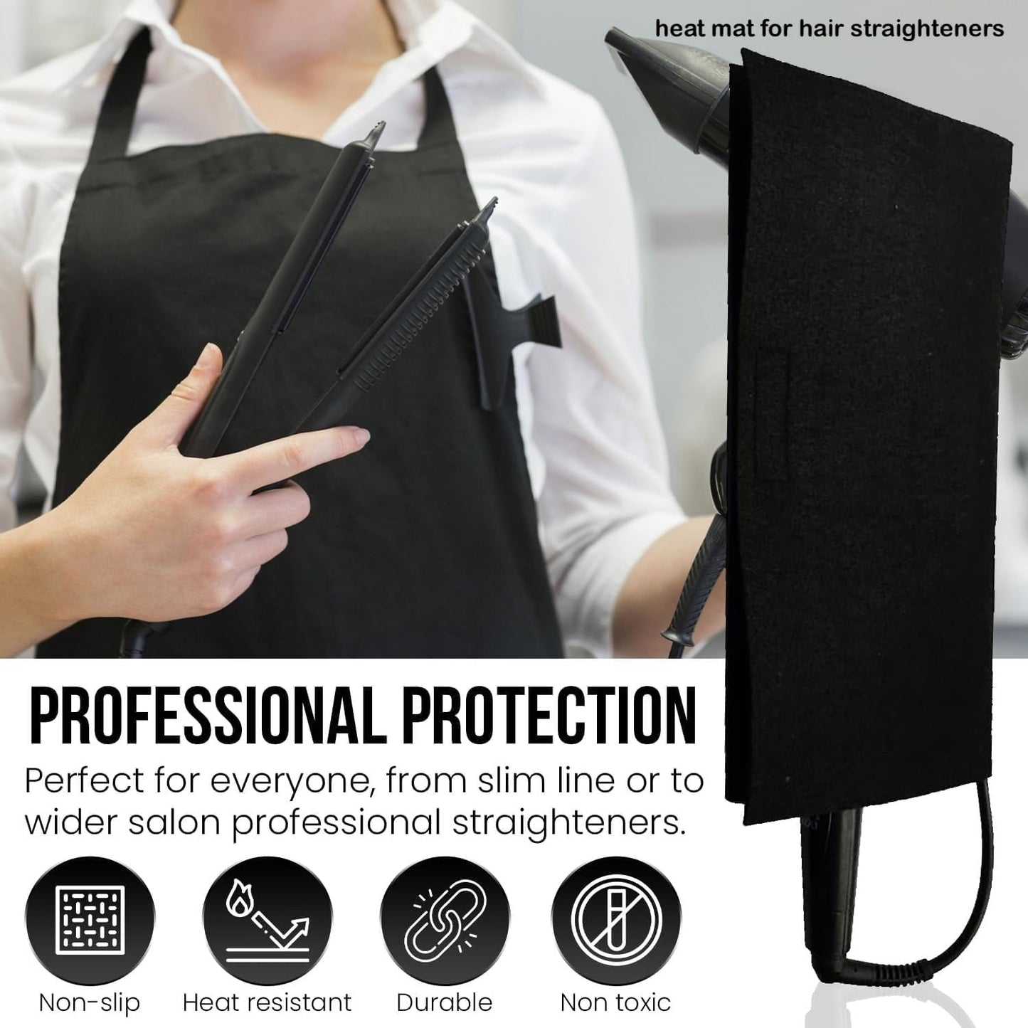Glamza Hair Mat with Storage Bag Made of Heat Resistant Safety Felt - Ideal for Home and Travel - Black