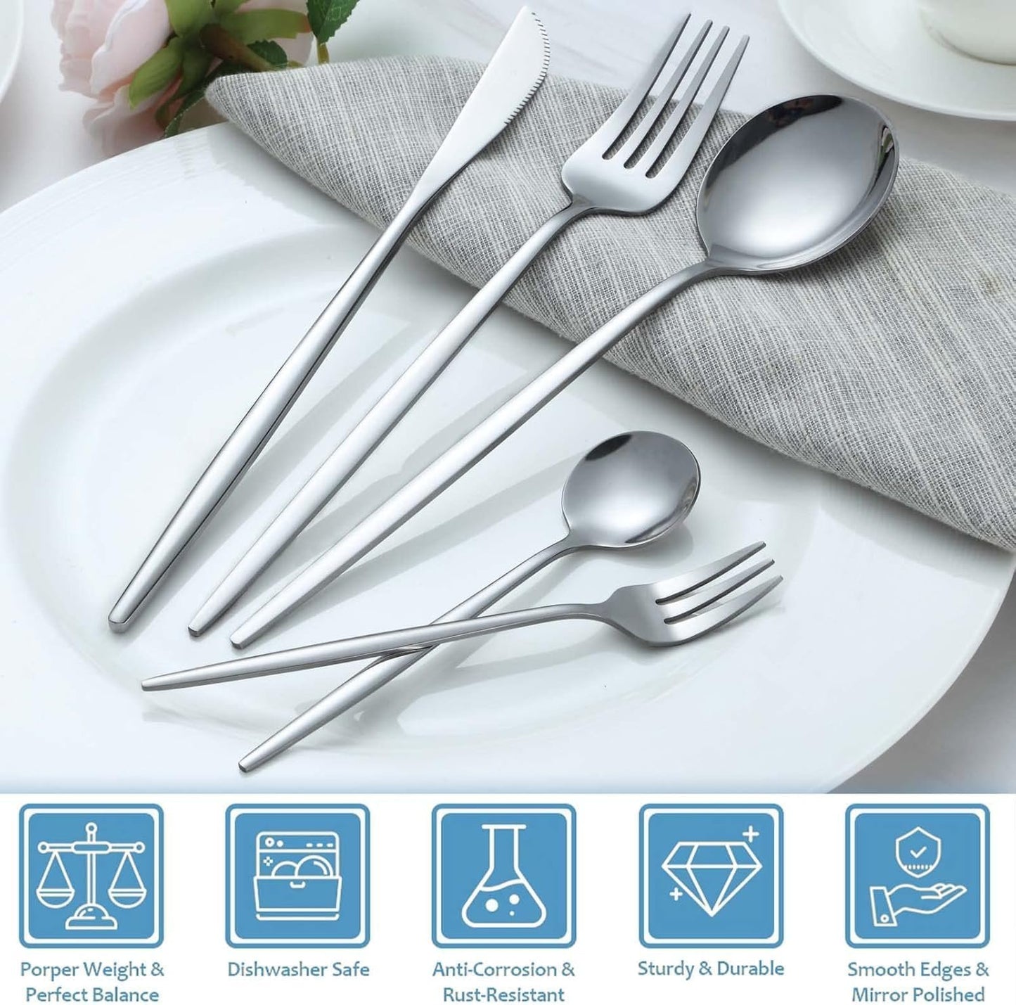 Pleafind 40-Pieces Silverware Sets for 8, Silver Polished Cutlery Set, Stainless Steel Flatware Set, Include Forks Spoons and Knives Set, Dishwasher Safe Utensil Sets for Home Restaurant